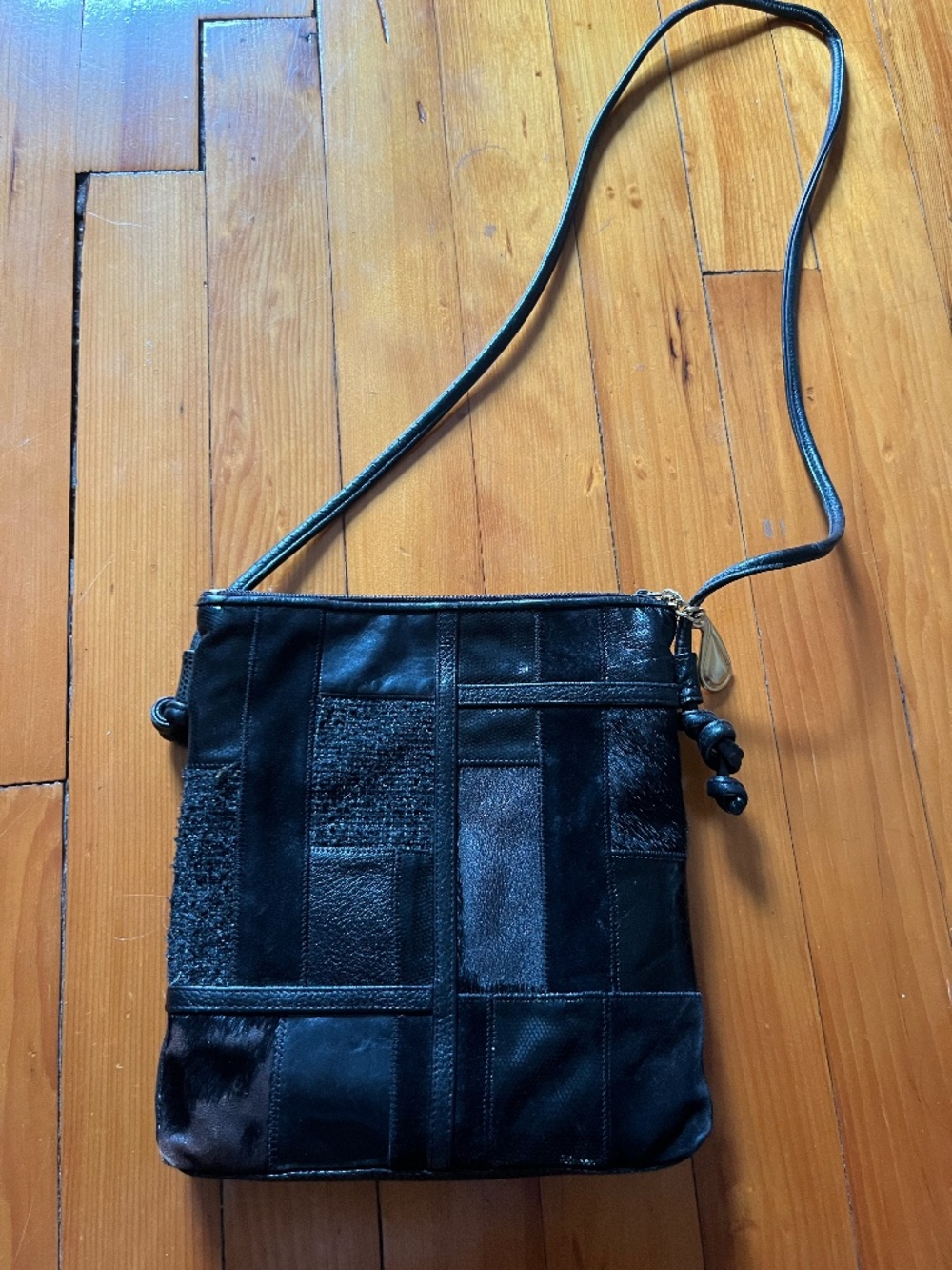 VTG Sharif Embossed Leather Small Black Crossbody Bag Patchwork USA Made